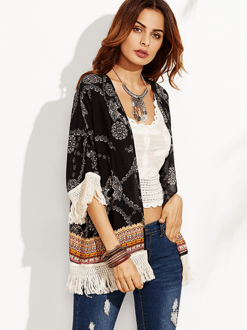 Black Floral Print Tassel Patchwork Loose Beach Summer Cardigans