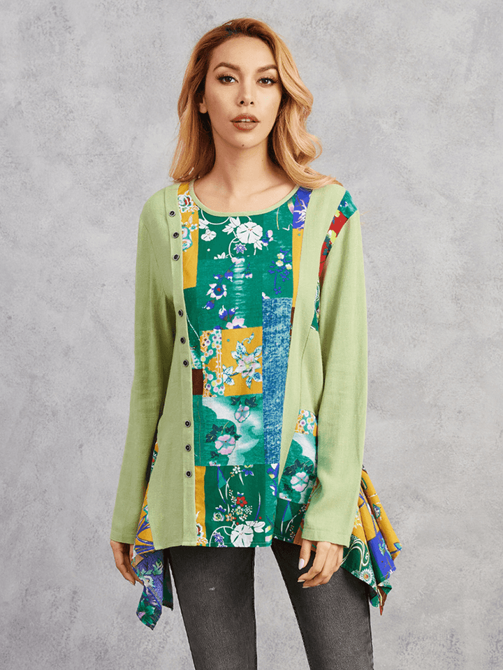 Floral Print Irregular Hem Patchwork Long Sleeve O-Neck Blouse - MRSLM