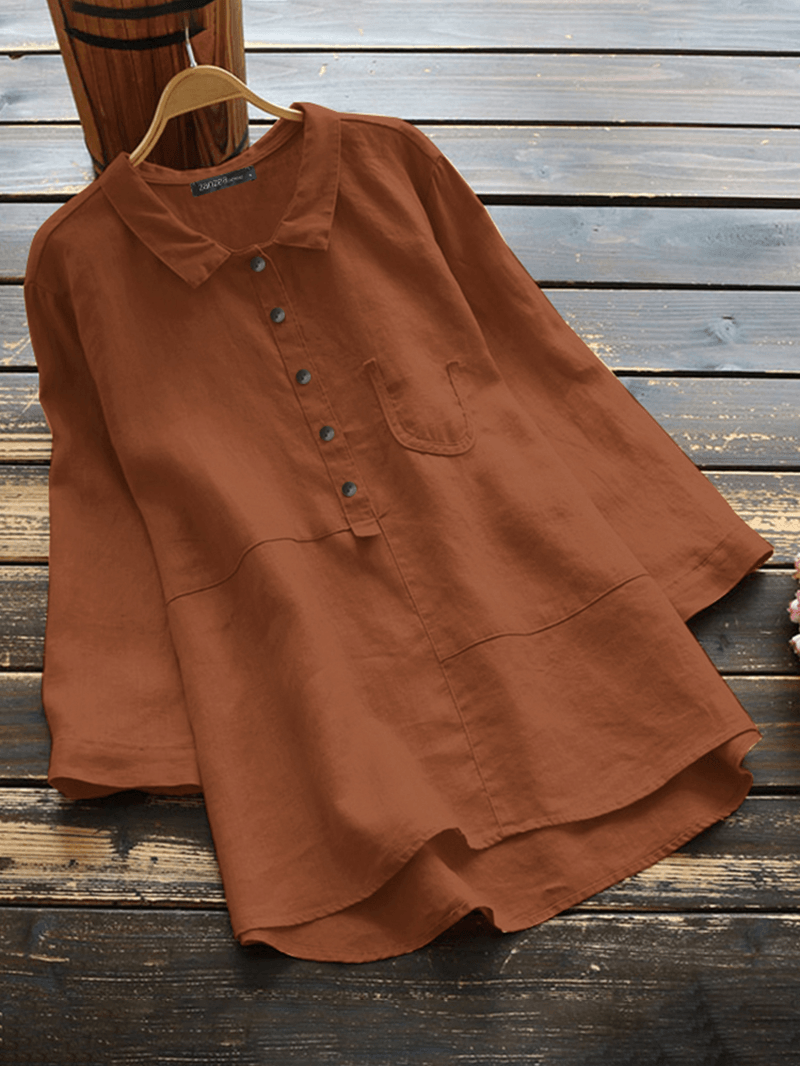 Women Cotton Solid Color High-Low Hem 3/4 Sleeve Button Casual Blouse