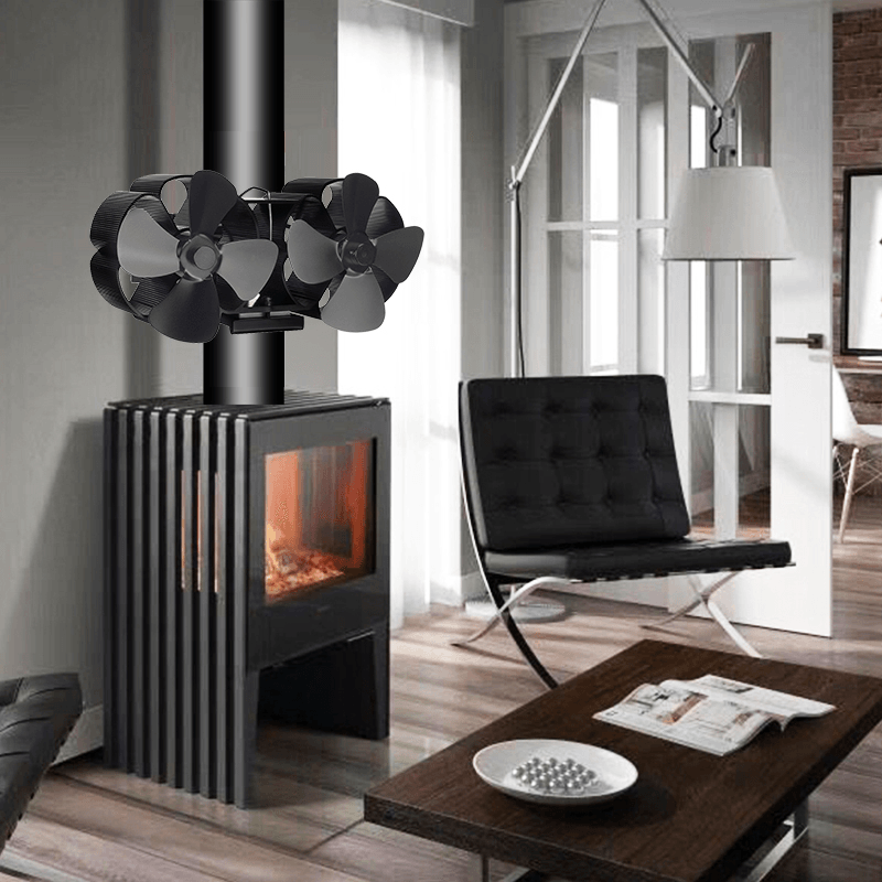 8 Blades Fireplace Fan Silent Stove Fan Dual Twin Heads Wall-Mounted Wood Burner Fan