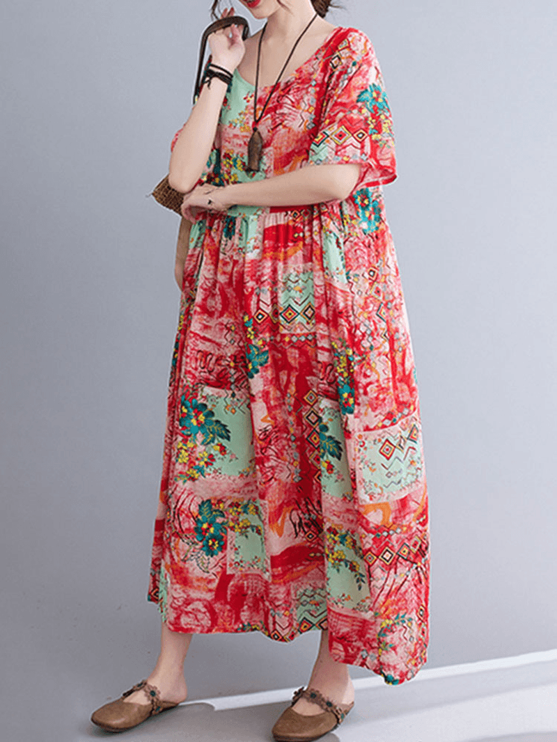 O-Neck Floral Loose Bohemian Casual Summer Dress for Women