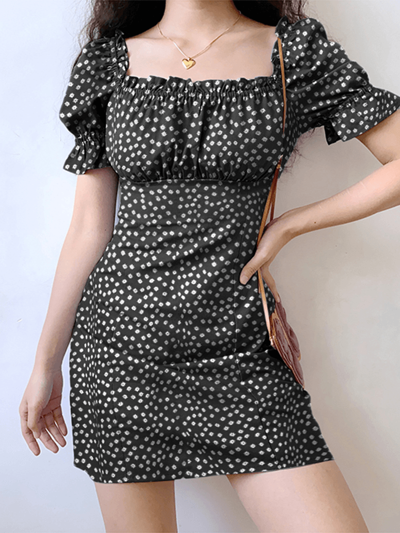 Floral Print Square Collar Pleating Short Sleeve Mini Dress - MRSLM