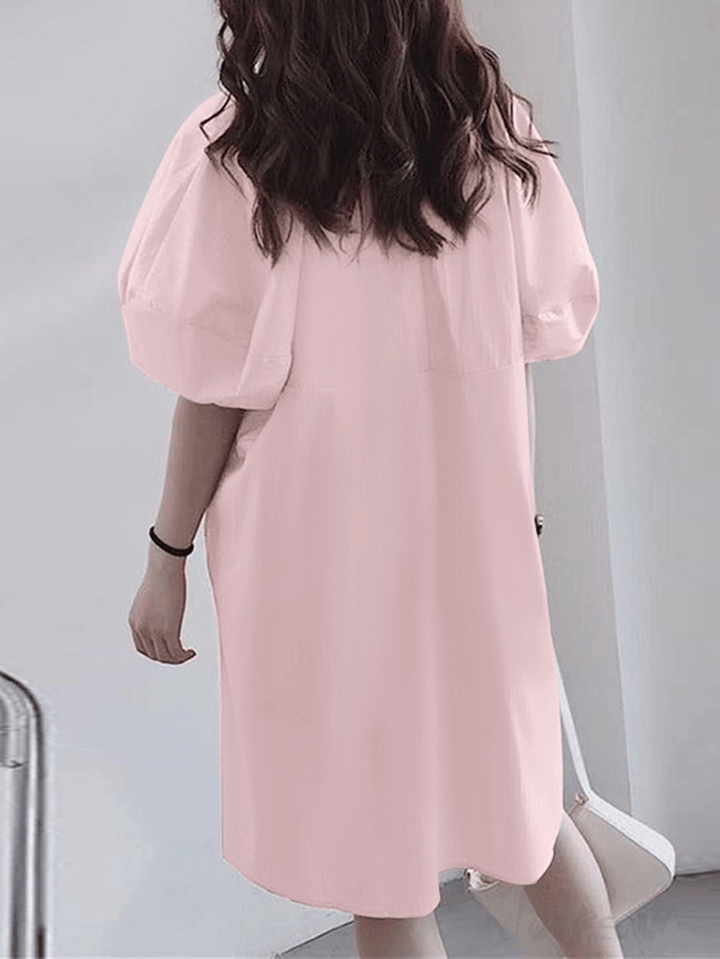 Women 100% Cotton Solid Puff Sleeve Bohemian Style Dress