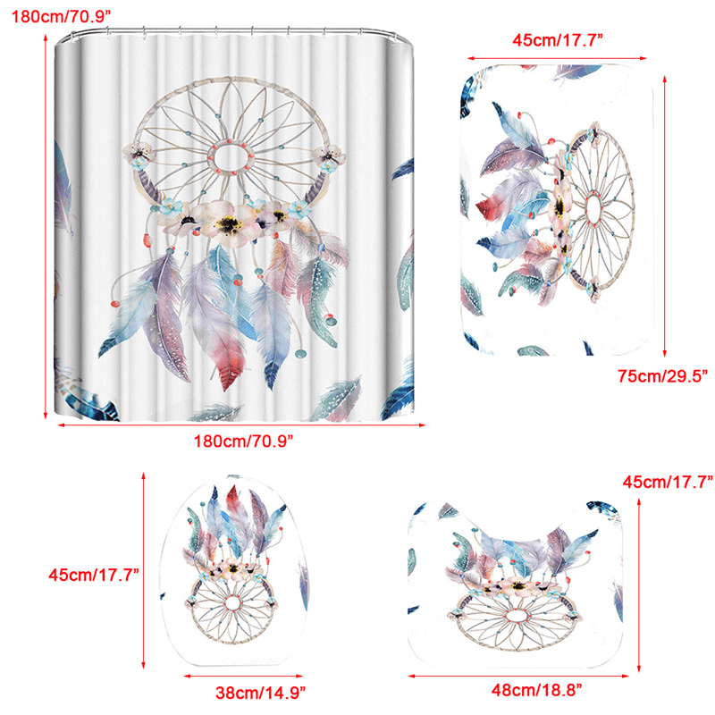 4Pcs Bath Beach Shells Shower Curtain Dream Catcher Toilet Mat Seat Cover Rug