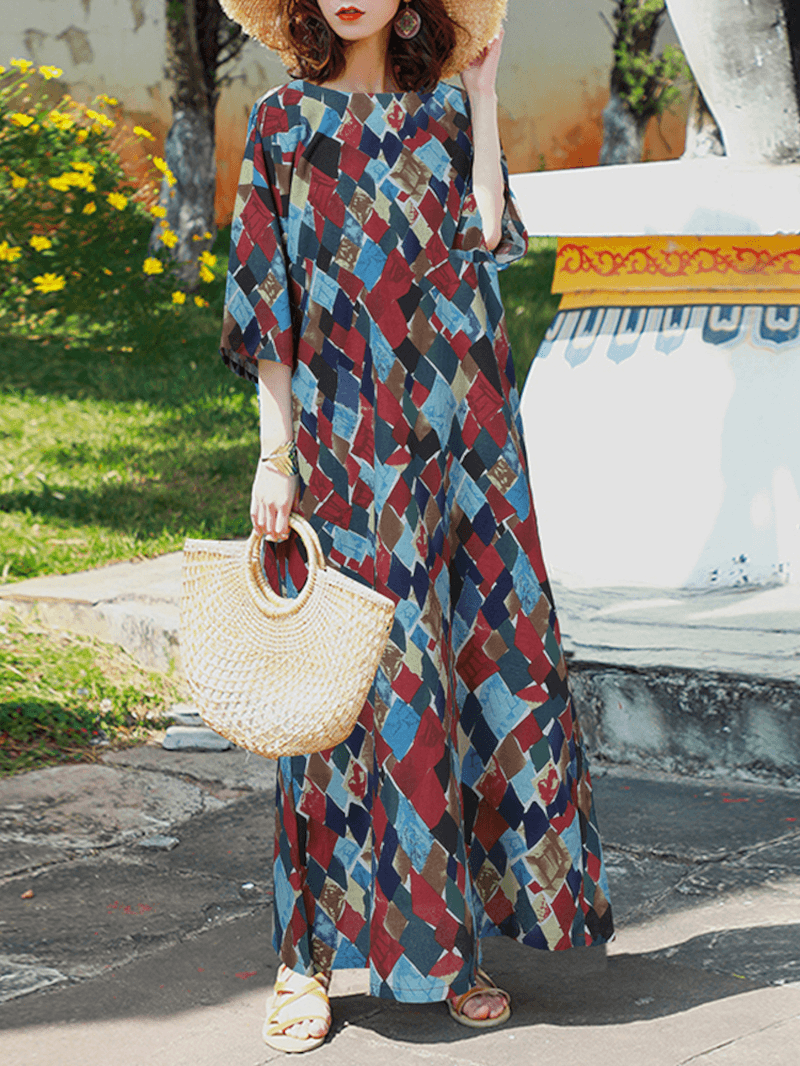 Vintage Geometry Print O-Neck Half Sleeve Bohemia Maxi Dress