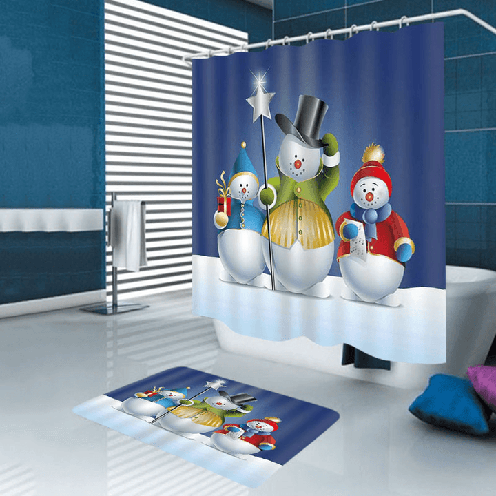 Bathroom Christmas Snowman Shower Curtain & 3PCS Mat Set Toilet Cover 180*180CM