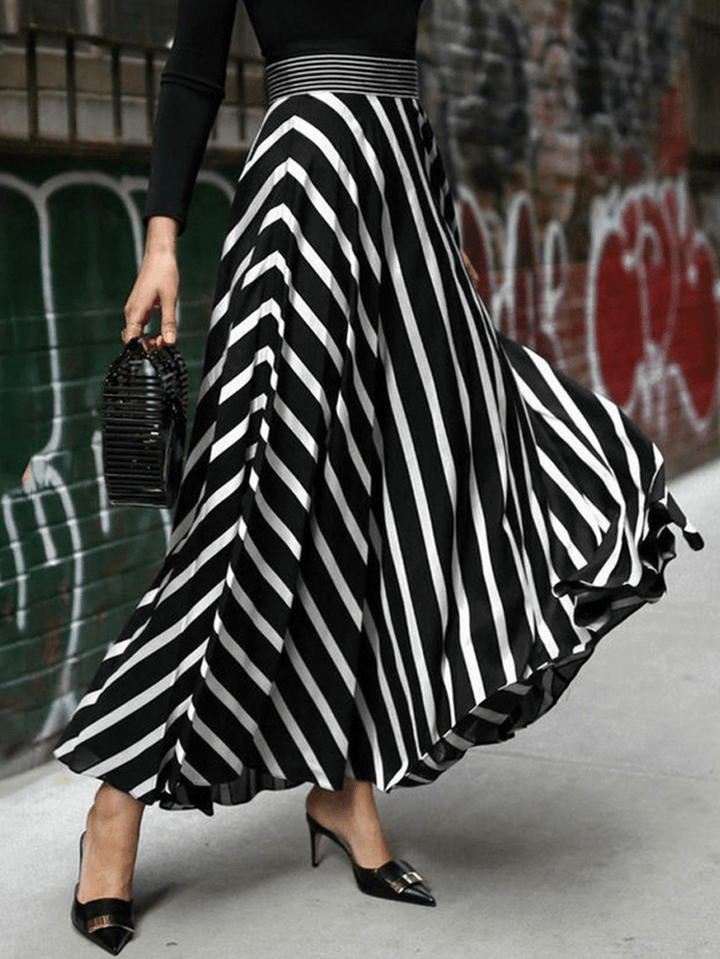 Stripe Print Elastic Waist Back Zipper Leisure Maxi Skirts