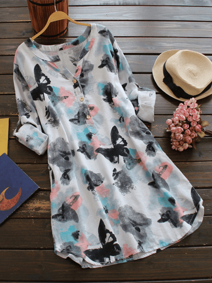 Ink Printed V Neck Buttons Long Sleeve Shirt Dress - MRSLM