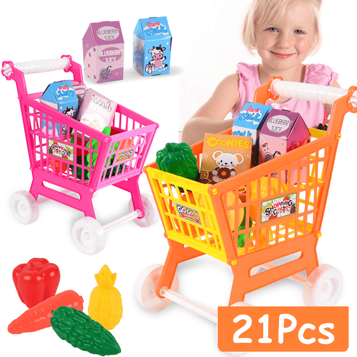 21Pcs/Set Toy Shopping Cart Pretend Supermarket Food Items Children Educational Play Toy for Ages 3 and Up