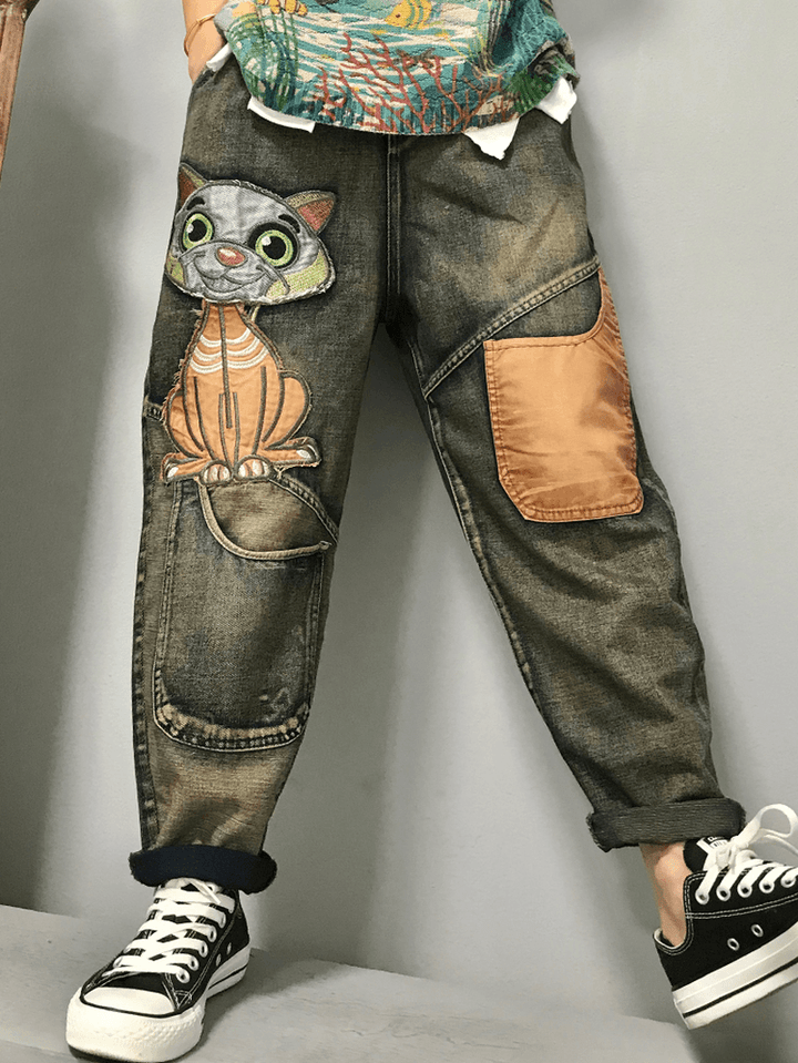 Women Cat Embroidery Patchwork Mid Waist Loose Denim Harem Jeans