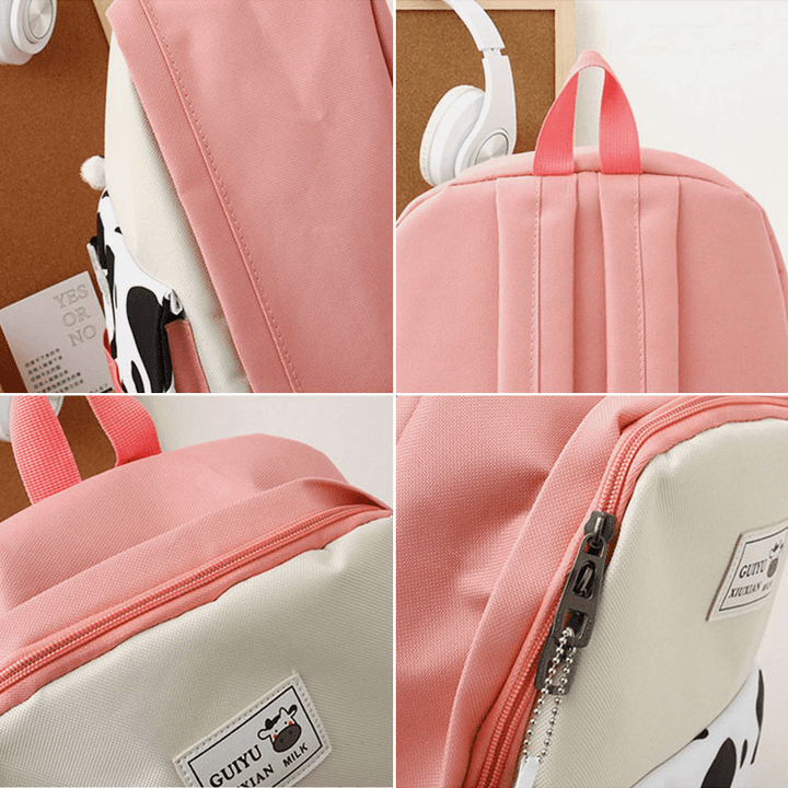 5 PCS Canvas Preppy Cow Pattern Multifunction Combination Bag Backpack Tote Crossbody Bag Clutch Wallet