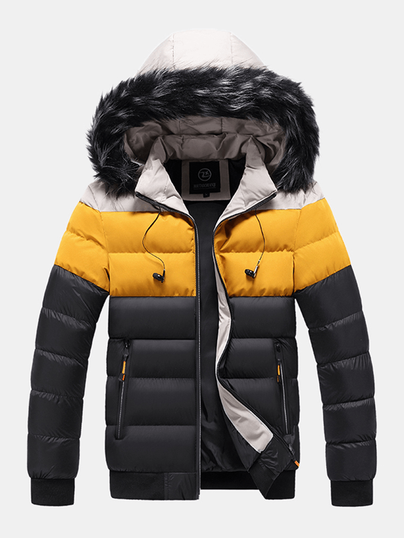 Mens Color Block Patchwork Thick Faux Fur Hooded Puffer Jacket with Pocket - MRSLM