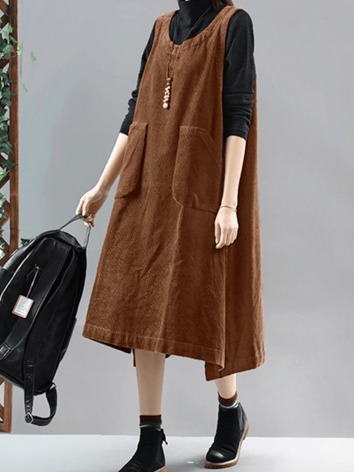 Women Solid Corduroy Sleeveless Side Pocket Knee Length Midi Dresses