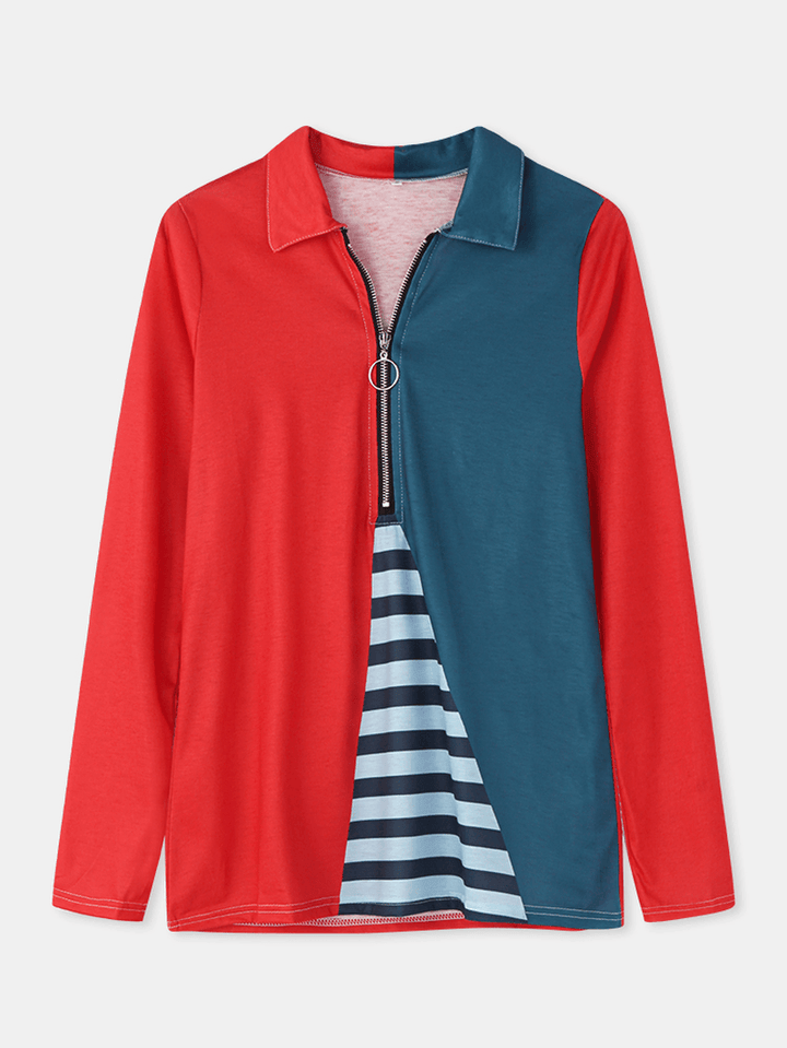 Women Contrast Color Striped Zipper Front Lapel Casual Long Sleeve Blouse