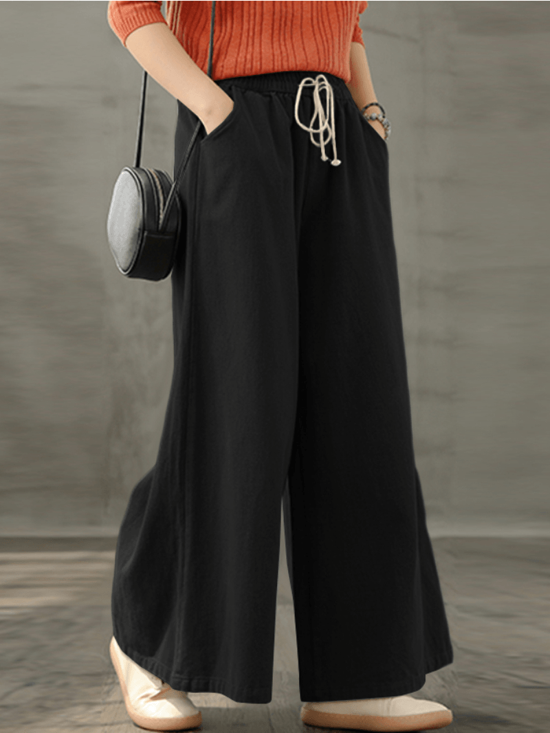 Women Vintage Drawstring Waist Loose Casual Wide Leg Pants with Pockets