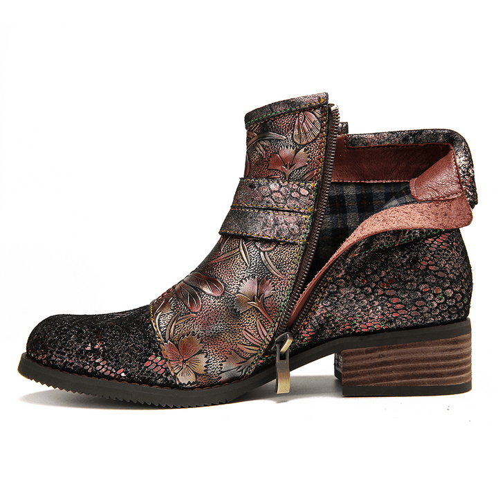 Women Embossed Stitching Metal Zipper Ankle Boots