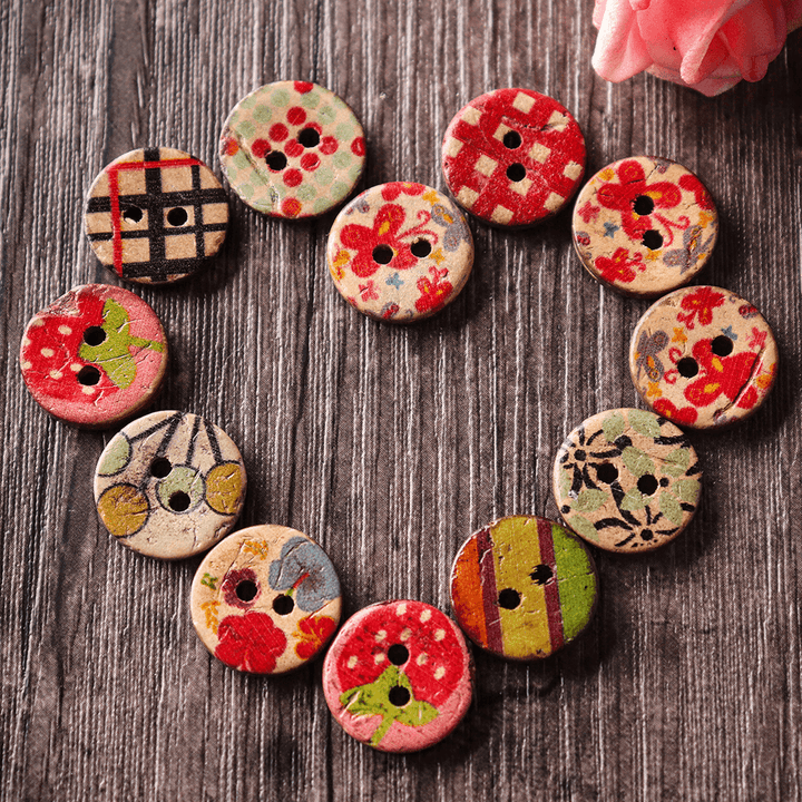 100 PCS round Pattern Wooden Button Mixed 2 Hole Natural Sewing Children Handmade Clothes Buttons