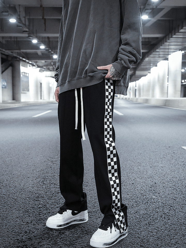 Checkerboard Side Split Straight Leg Sweatpants Hip-Hop Drop Feeling Stacked Drawstring Casual Pants Men