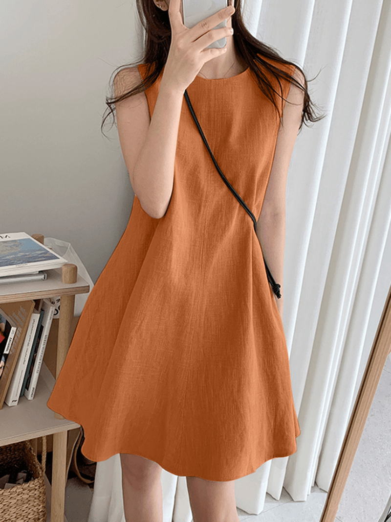 Women Cotton Solid Color round Neck Sleeveless Casual Midi Dress - MRSLM