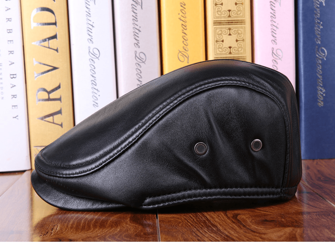 Leather Hat Men'S Sheepskin Ear Protection Leather Suede Beret