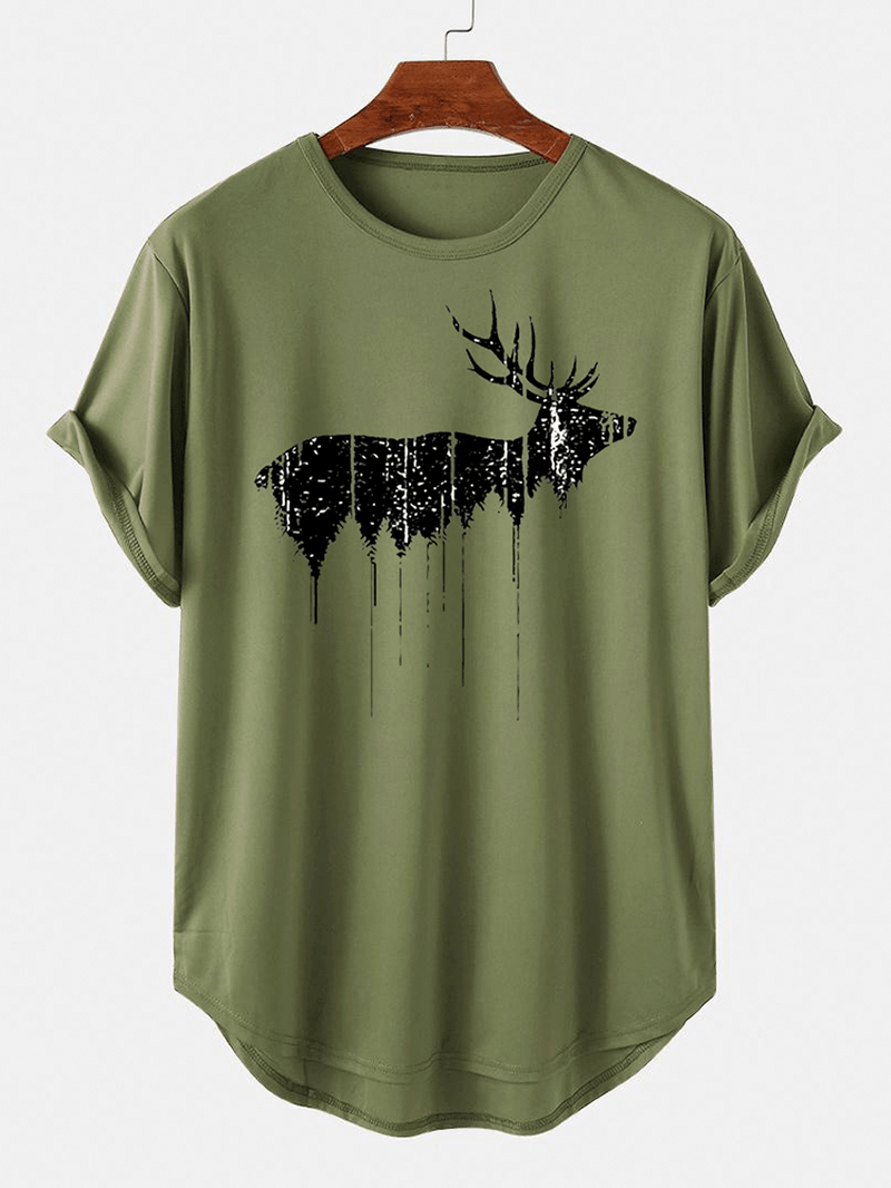 Christmas Mens Design Elk Print Curved Hem Short Sleeve T-Shirts