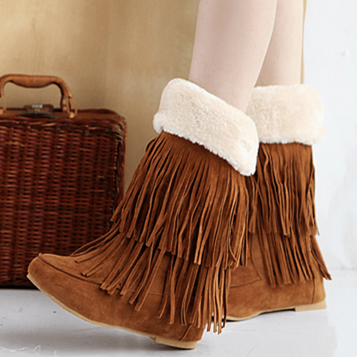 Women Tassel Boots Warm Fluff Flanging Mid-Calf Snow Boots