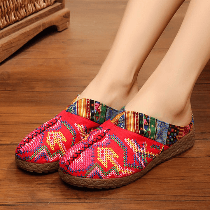 Women Flax Casual Outdoor Embroidery Flat Slipper Shoes