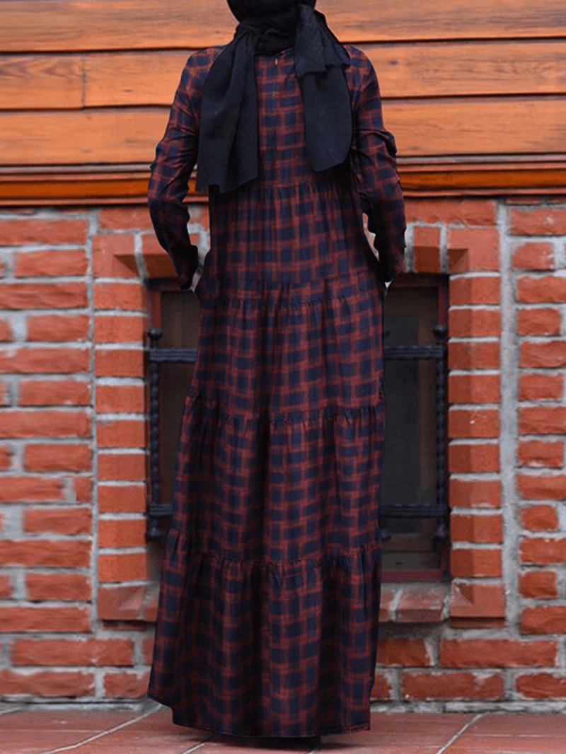 Women Vintage Plaid round Neck Kaftan Casual Long Sleeve Maxi Dresses with Pocket