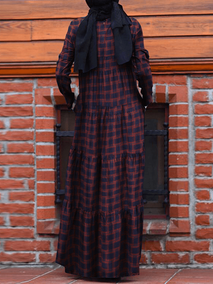 Women Vintage Plaid round Neck Kaftan Casual Long Sleeve Maxi Dresses with Pocket