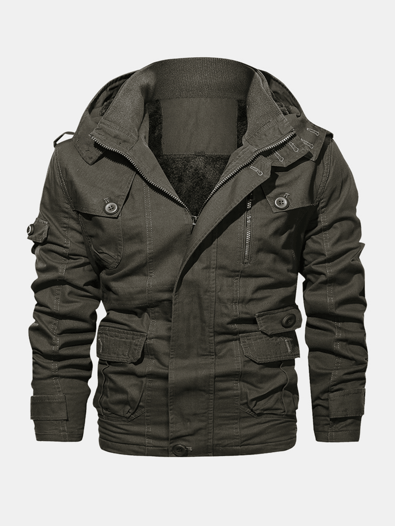 Mens Cotton Zipper through Pocket Thick Hooded Jackets