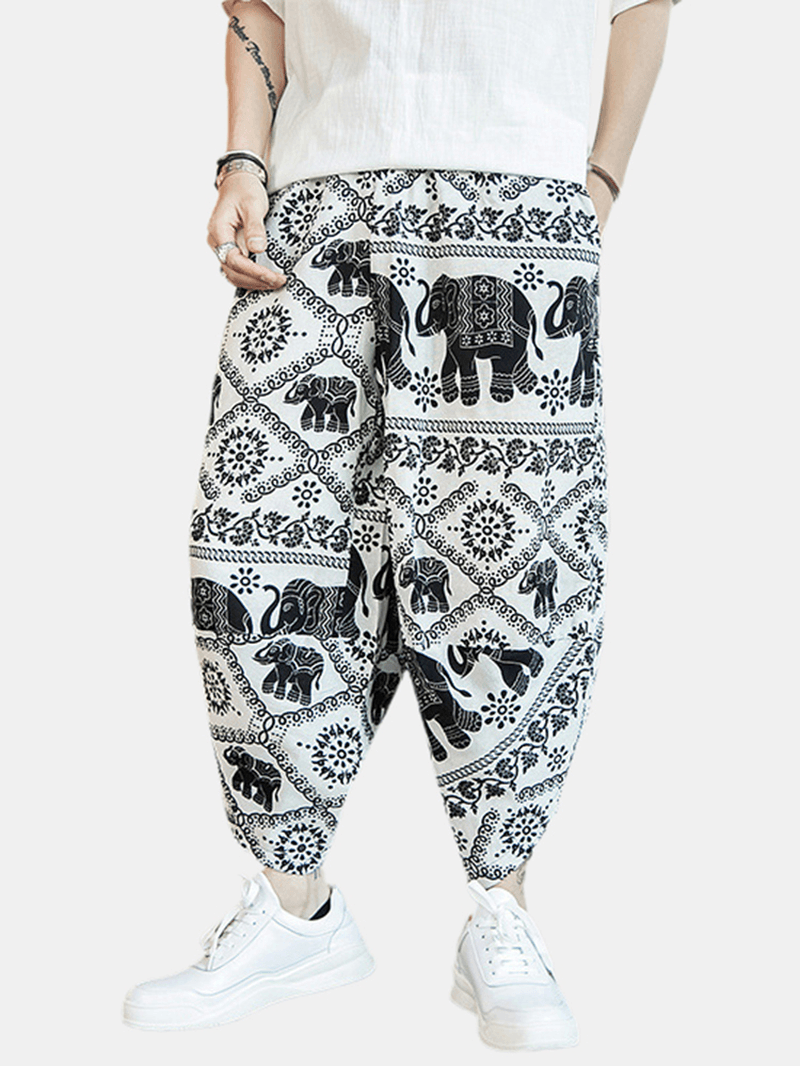 Mens Ethnic Style Print Drawdtring Asymmetrical Harem Pants