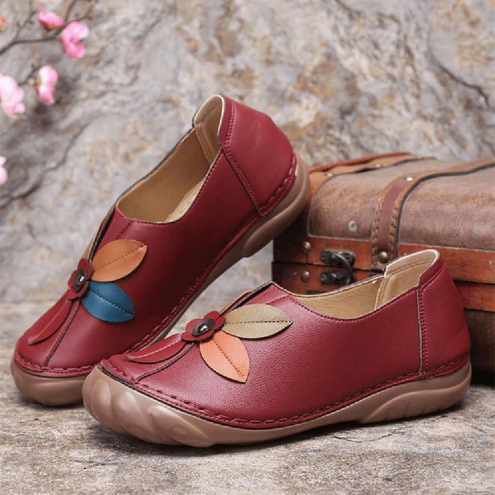 Women Retro Flower Stitching Comfy round Toe Slip on Flat Loafers Shoes