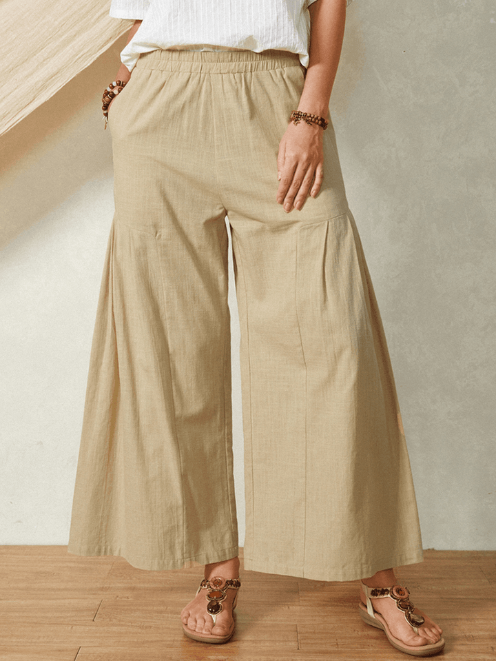 Solid Color Pocket Elastic Waist Casual Cotton Flare Leg Women Pants