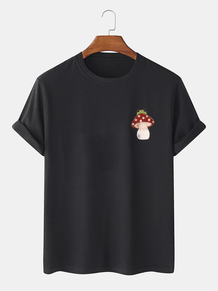 Mens 100% Cotton Mushroom Chest Print Short Sleeve T-Shirts