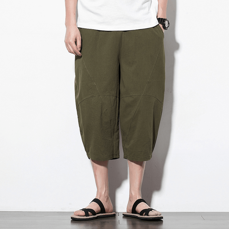 Mens Summer Vintage Linen Calf Length Casual Pants