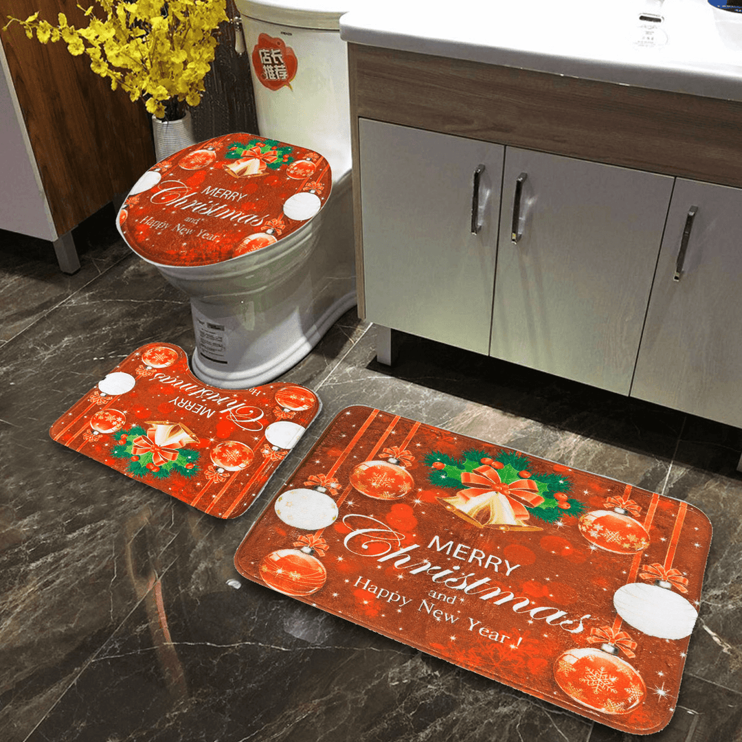 3Pcs Bathroom Rug Mats Set Christmas Decoration Anti-Slip Toilet Rug Floor Mat