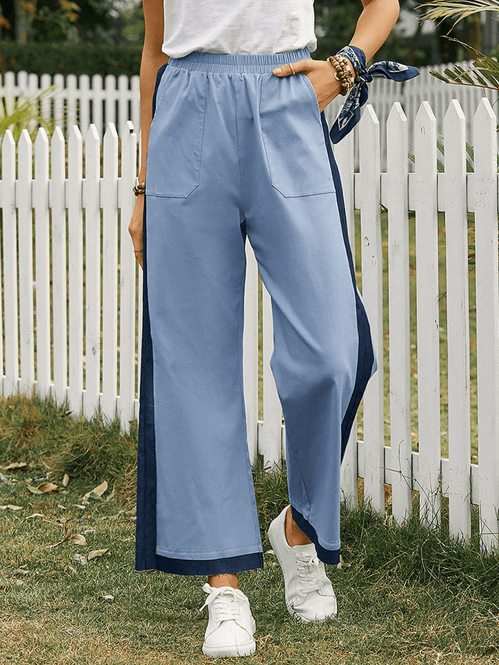 Women Patchwork Elastic Waist Casual Wide Leg Pants with Pocket