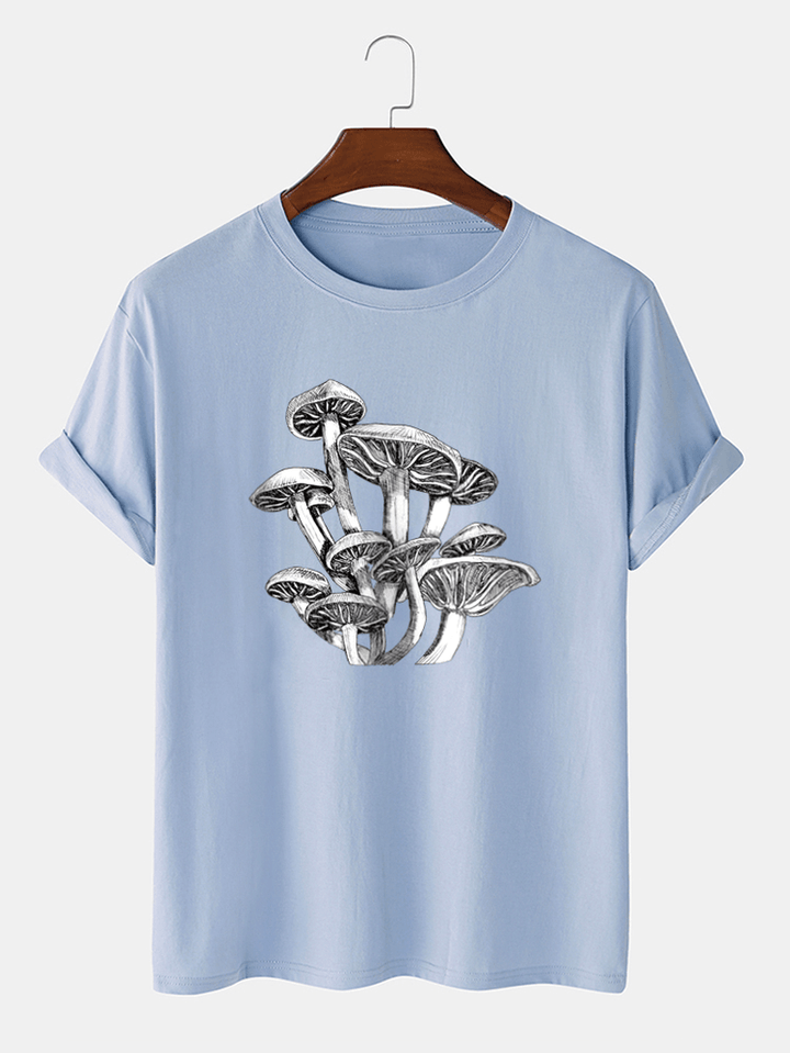 Mens Mushroom Sketches Print 100% Cotton O-Neck Short Sleeve T-Shirt