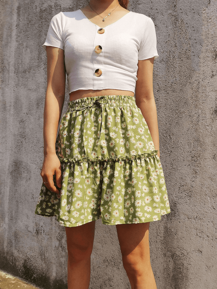 Small Daisies Print High Waist Ruffle Pleated Holiday A-Line Skirts