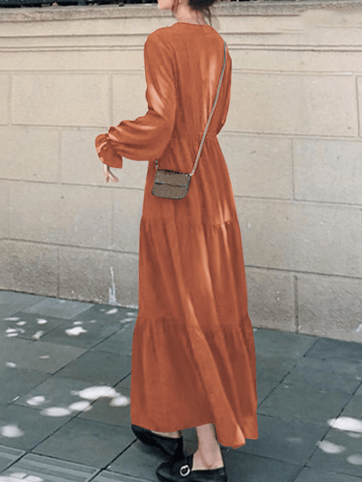 Women Solid Color Puff Sleeve V-Neck Big Swing Casual Maxi Layered Dress