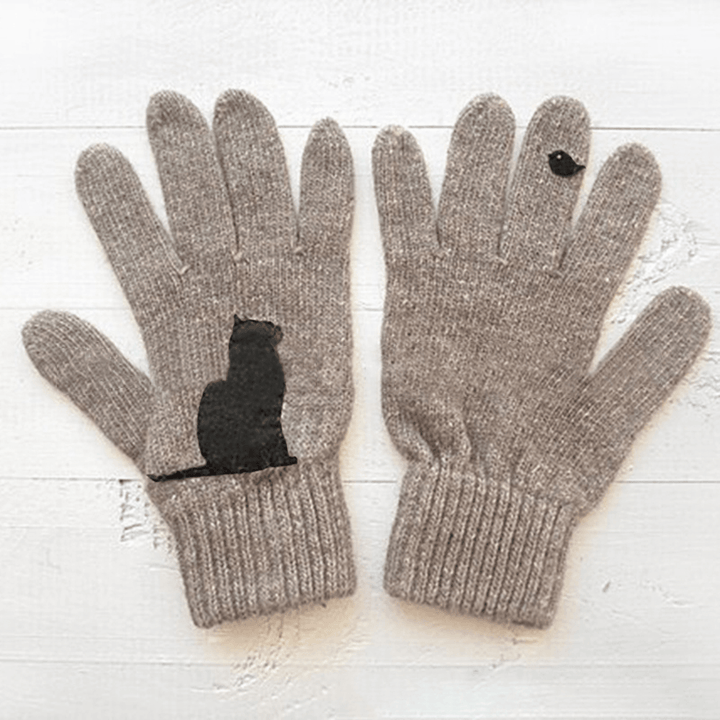 Women'S Wool Gloves Autumn Winter Outdoor Warm Cold Padded Cat Bird Print Glove