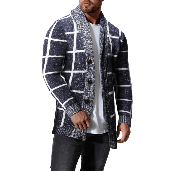 Men'S Winter Color Matching Plaid Cardigan Sweater