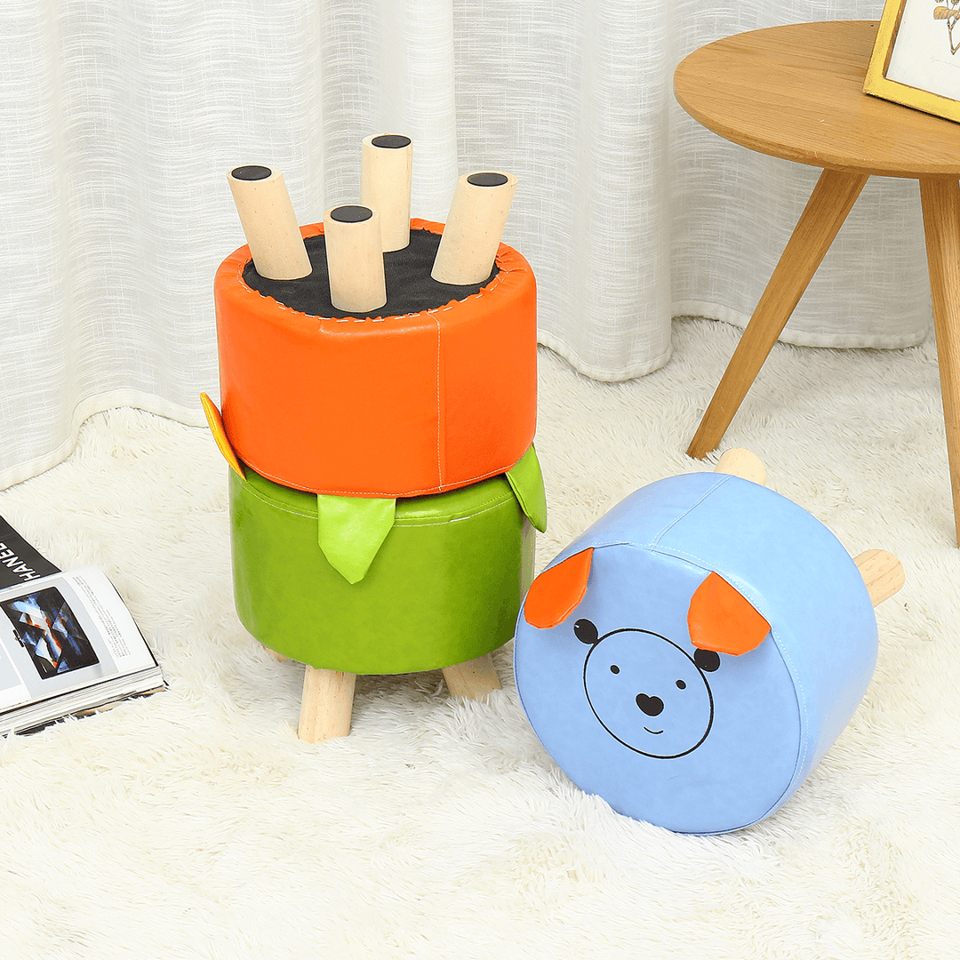 Cartoon PU Stool Wooden Legs Family Living Room round Stool Creative Leisure Sofa Small Bench Home Supplies