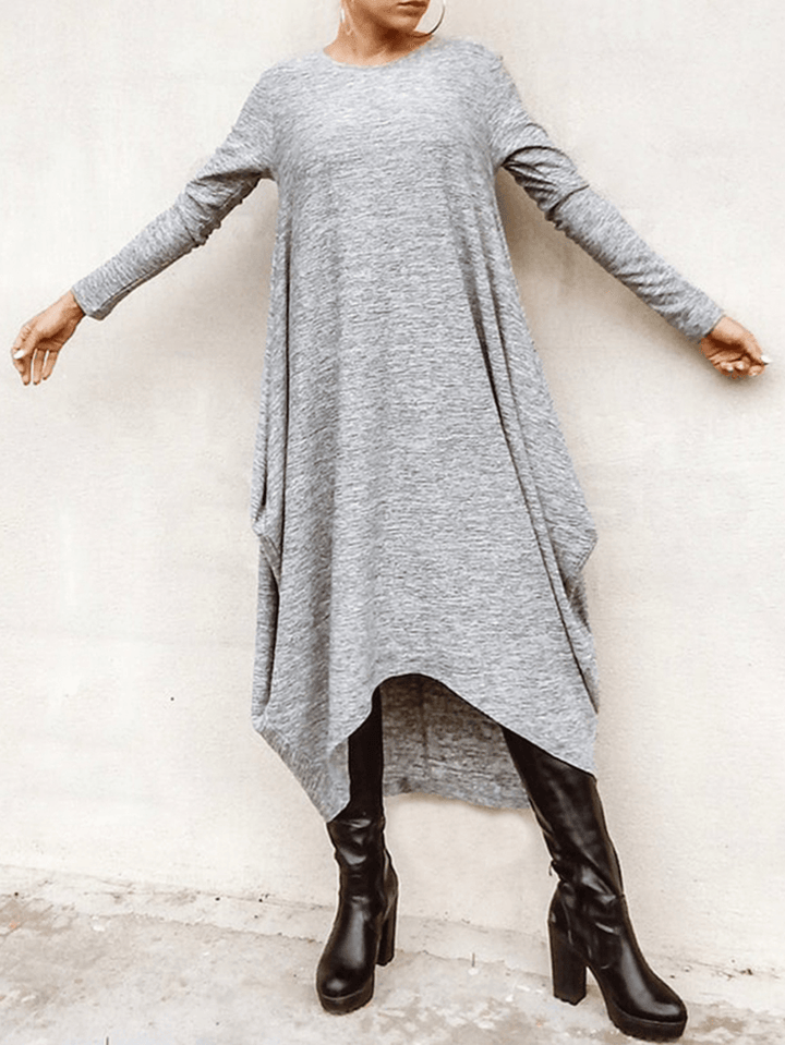 Women's Casual High Low Hem Midi Dress - Loose Fit with Long Sleeves