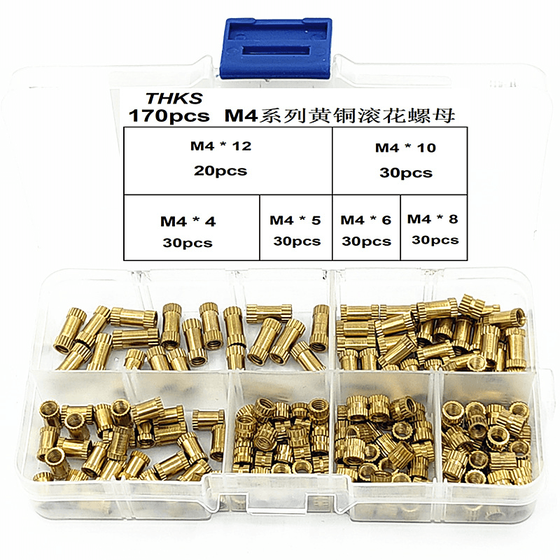 Suleve M4BN1 170Pcs M4 Brass Cylinder Knurled Nut Threaded round Insert Embedded Nuts Assortment Set