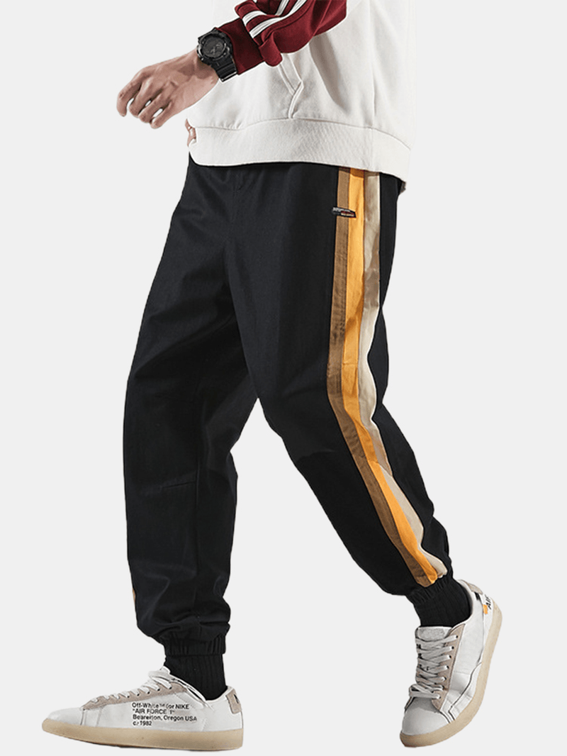 Mens Side Striped Applique Cotton Drawstring Cuffed Jogger Pants