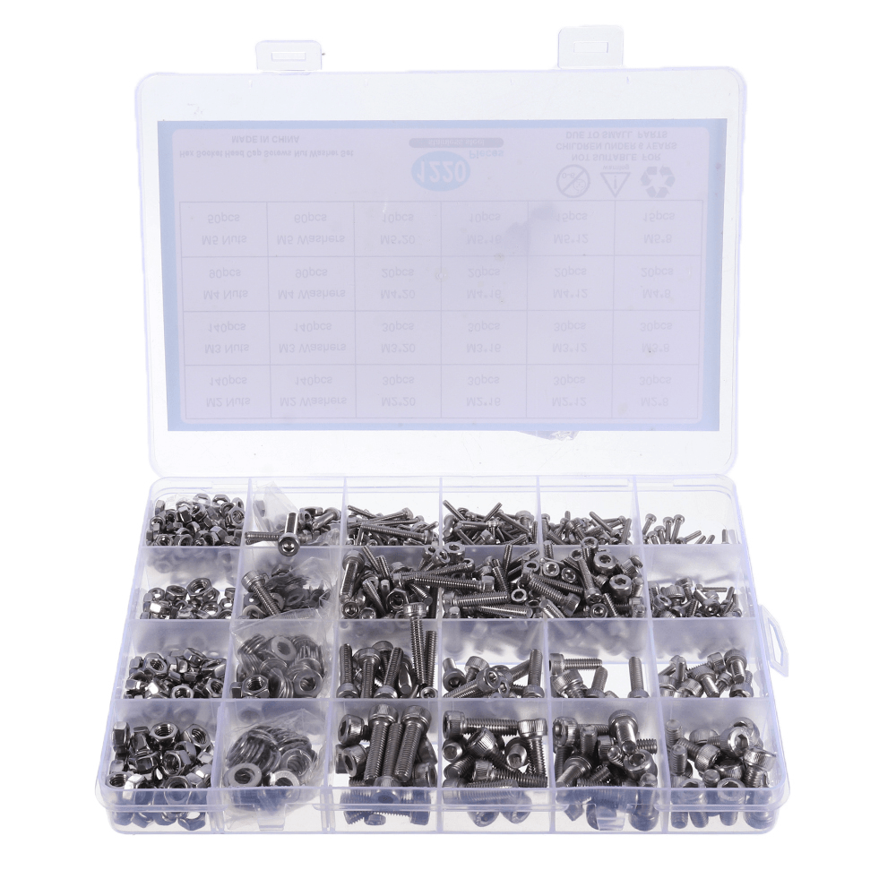 Suleve MXSH7 1220Pcs Stainless Steel Hex Socket Cap Head Screws Bolt Nuts Washers Assortment Kit M2 M3 M4 M5