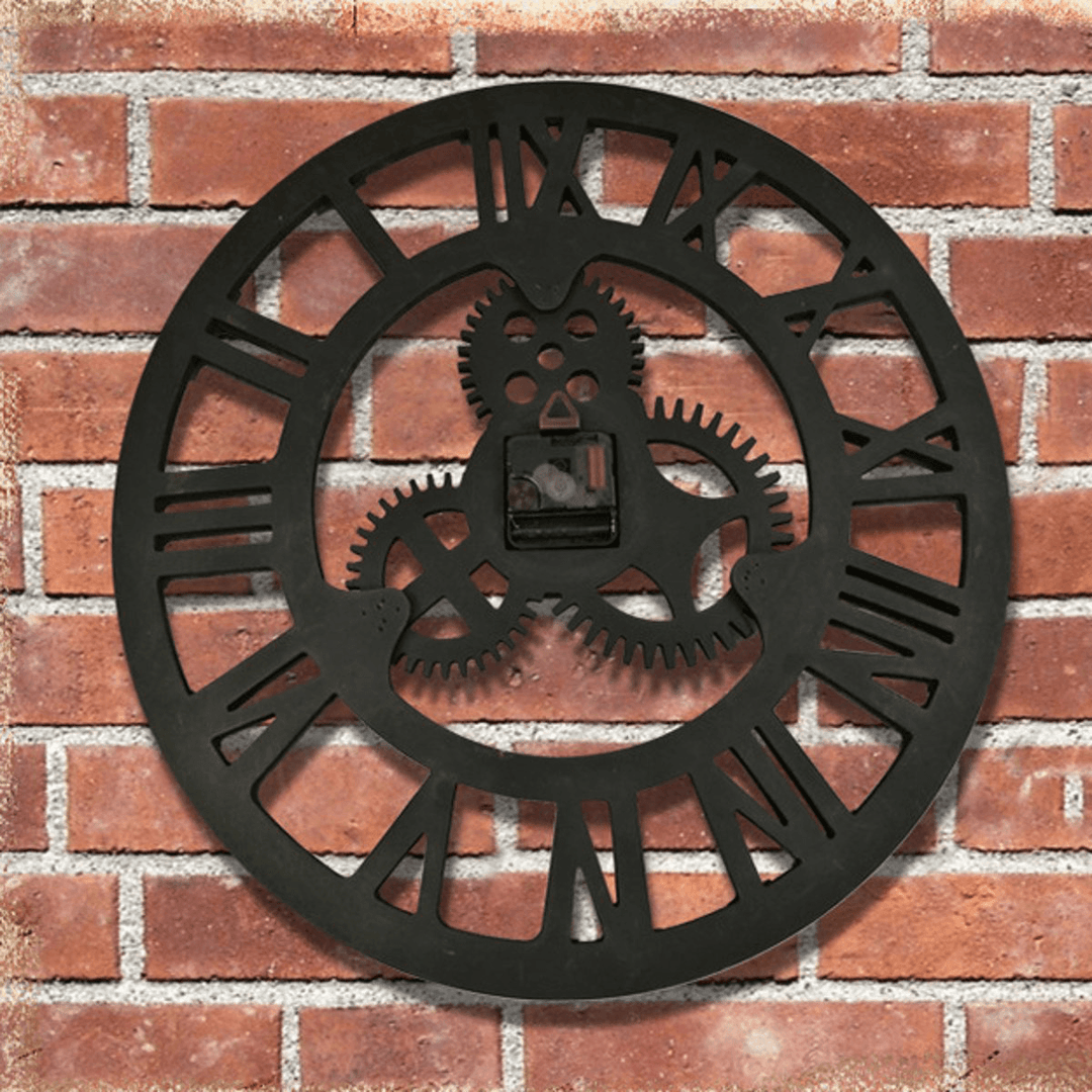 19 Inch Antique Roman Numerals Silent Wall Clock Rustic Wheel Gear Wooden Decor Clock