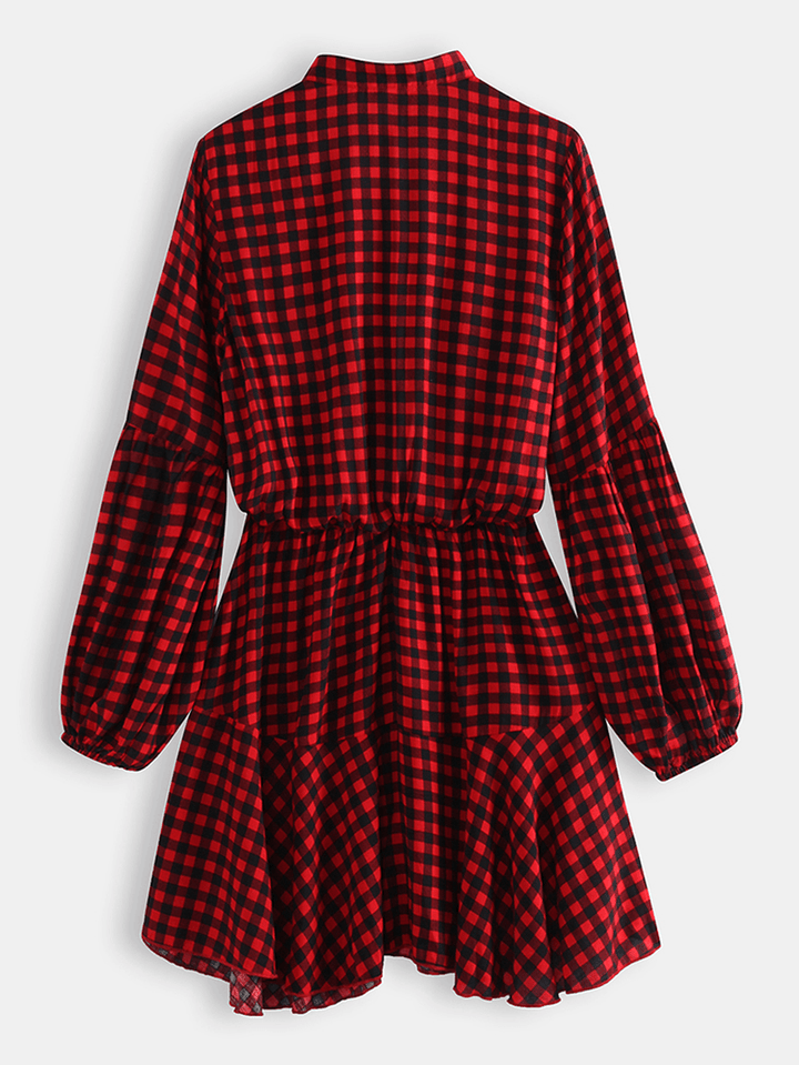 Long Sleveed Plaid Stand Collar Causal Shirt Dress for Women