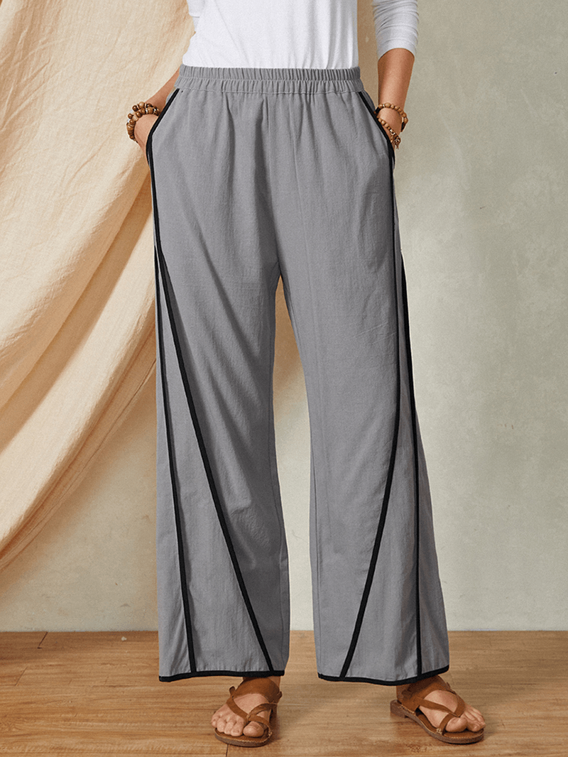 Cotton Elastic Waist Casual Patchwork Pocket Wide Leg Women Pants